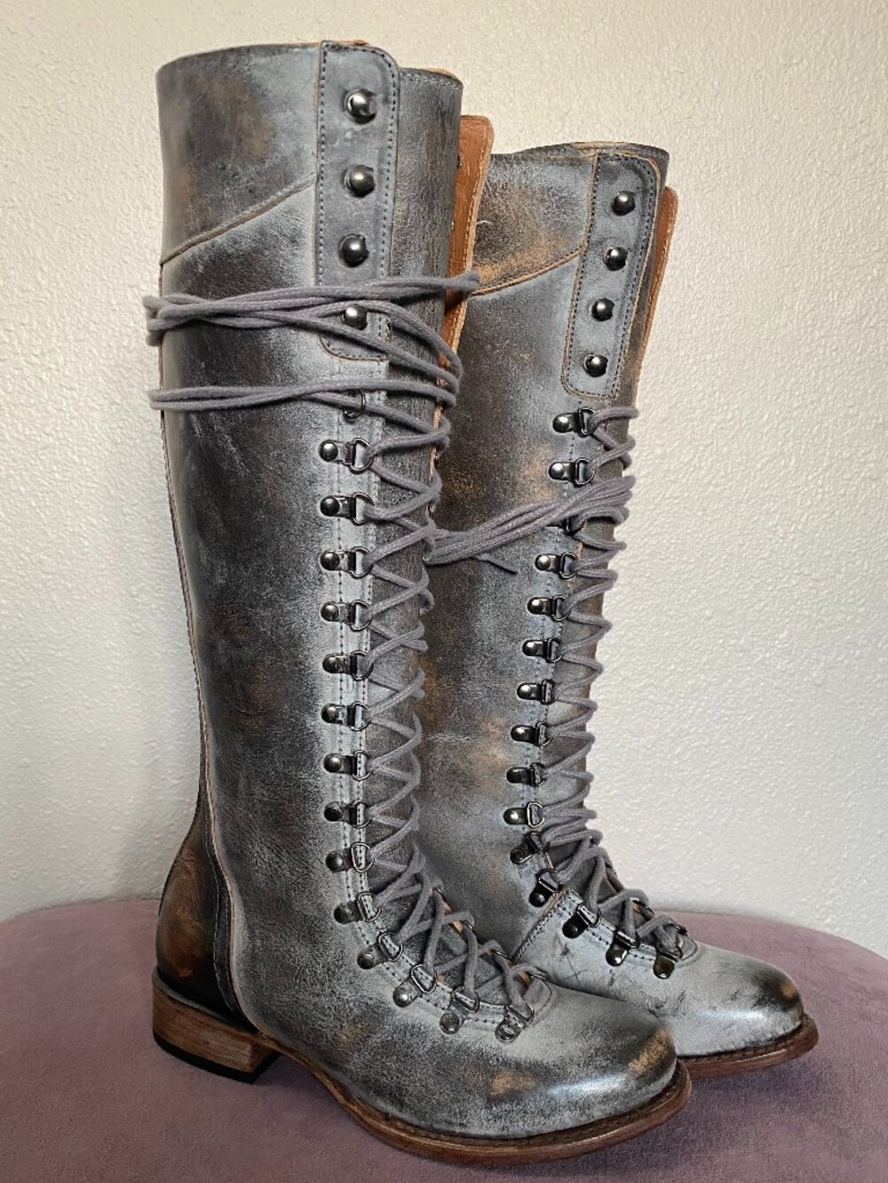 Freebird Raphael Distressed Ice Knee-High Laced Leather Boot - Size 8
